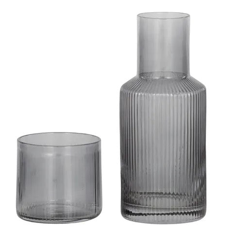 Mya Rib Carafe /Glass Set 7.5 x 17cm Grey